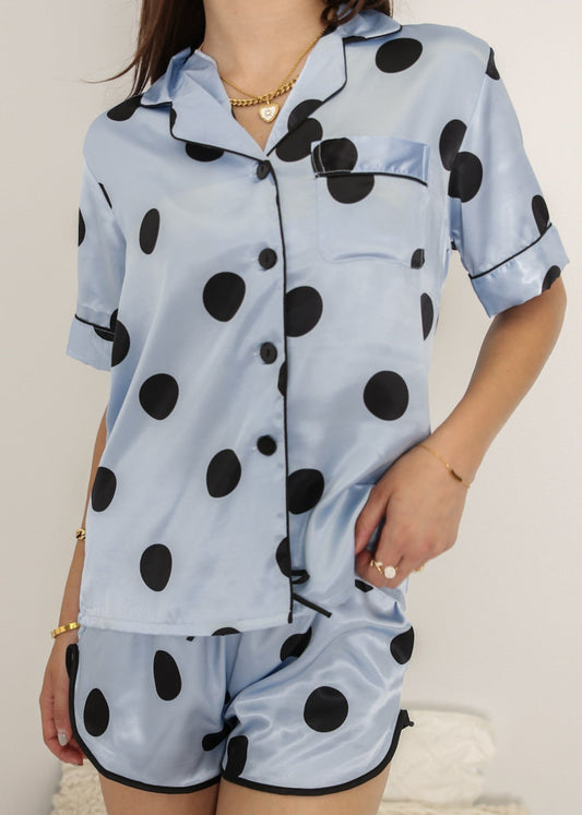 Contrast Piping Satin Lounge Set - Blue