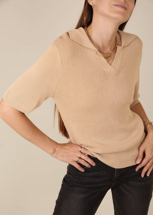 V Neck Knit Collared Shirt