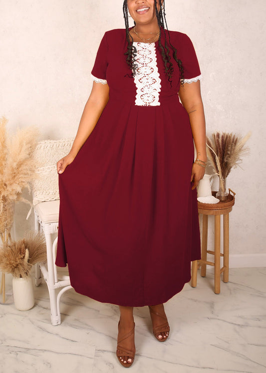 Plus Size Lace Trim Pleated Detail Dress, Burgundy