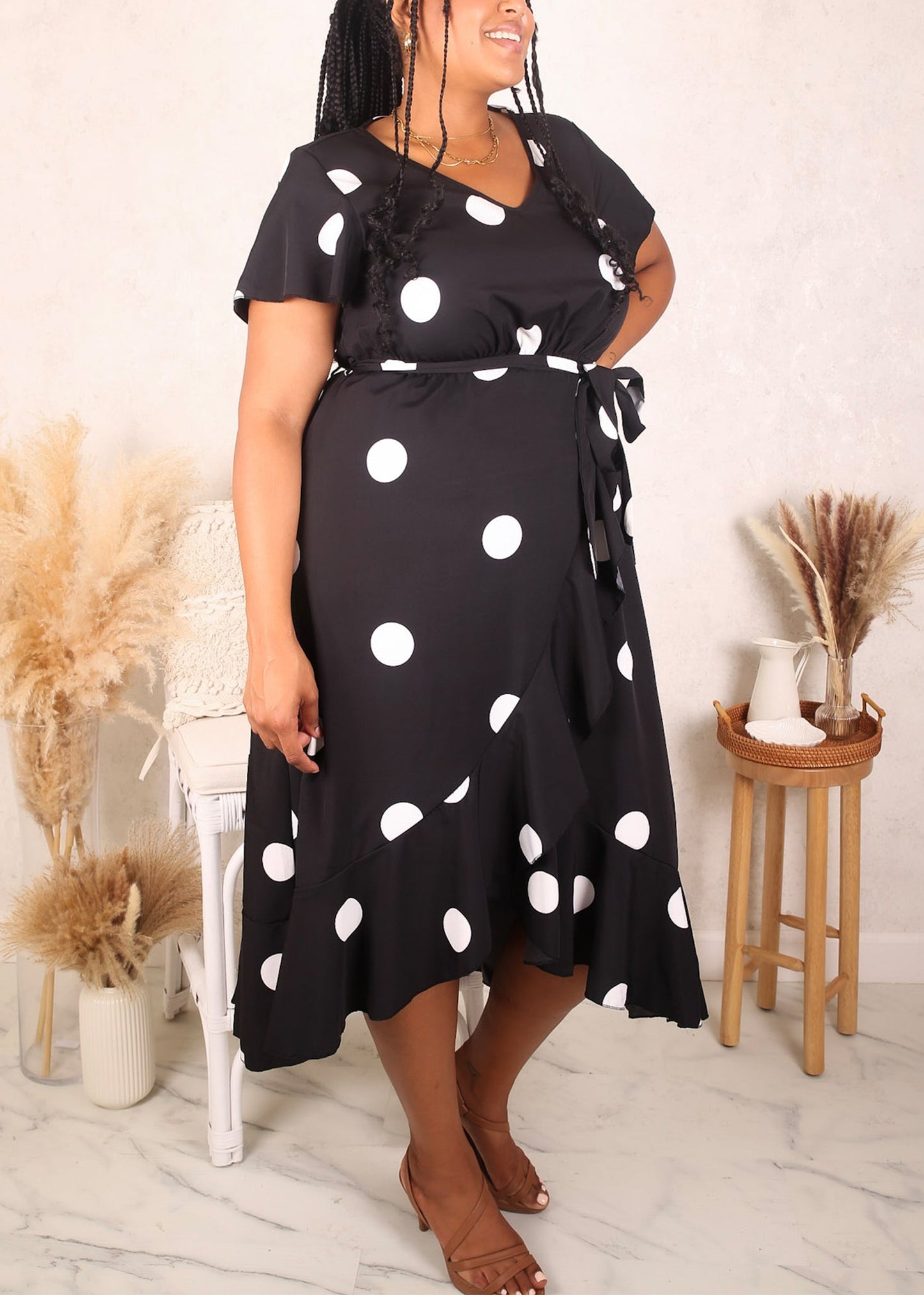 Plus Size Overlap Ruffle Hem Dress, Black