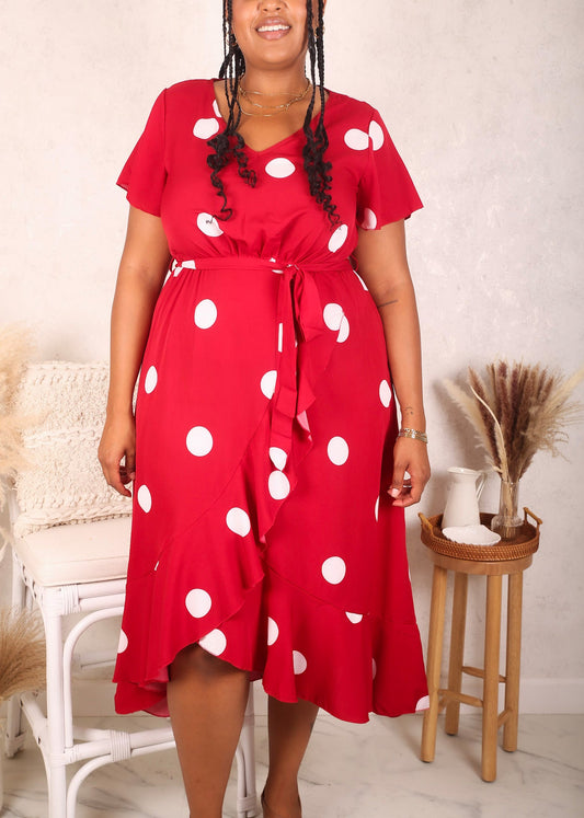 Plus Size Overlap Ruffle Hem Dress, Burgundy