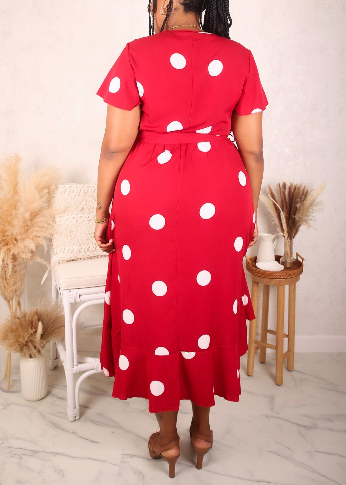Plus Size Overlap Ruffle Hem Dress, Burgundy