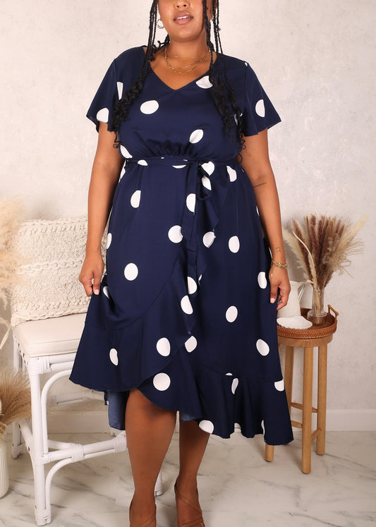Plus Size Overlap Ruffle Hem Dress, Navy
