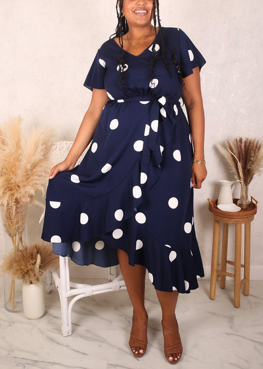 Plus Size Overlap Ruffle Hem Dress, Navy