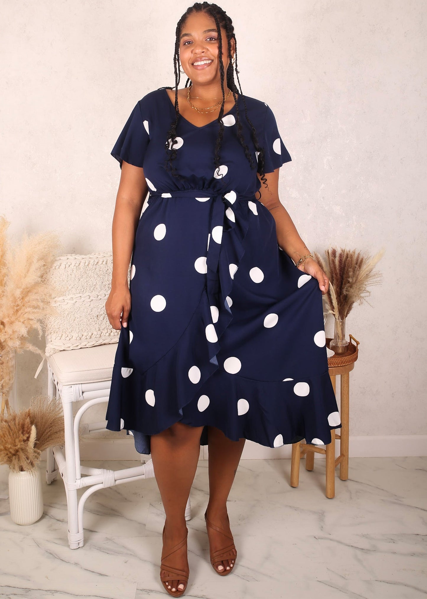 Plus Size Overlap Ruffle Hem Dress, Navy