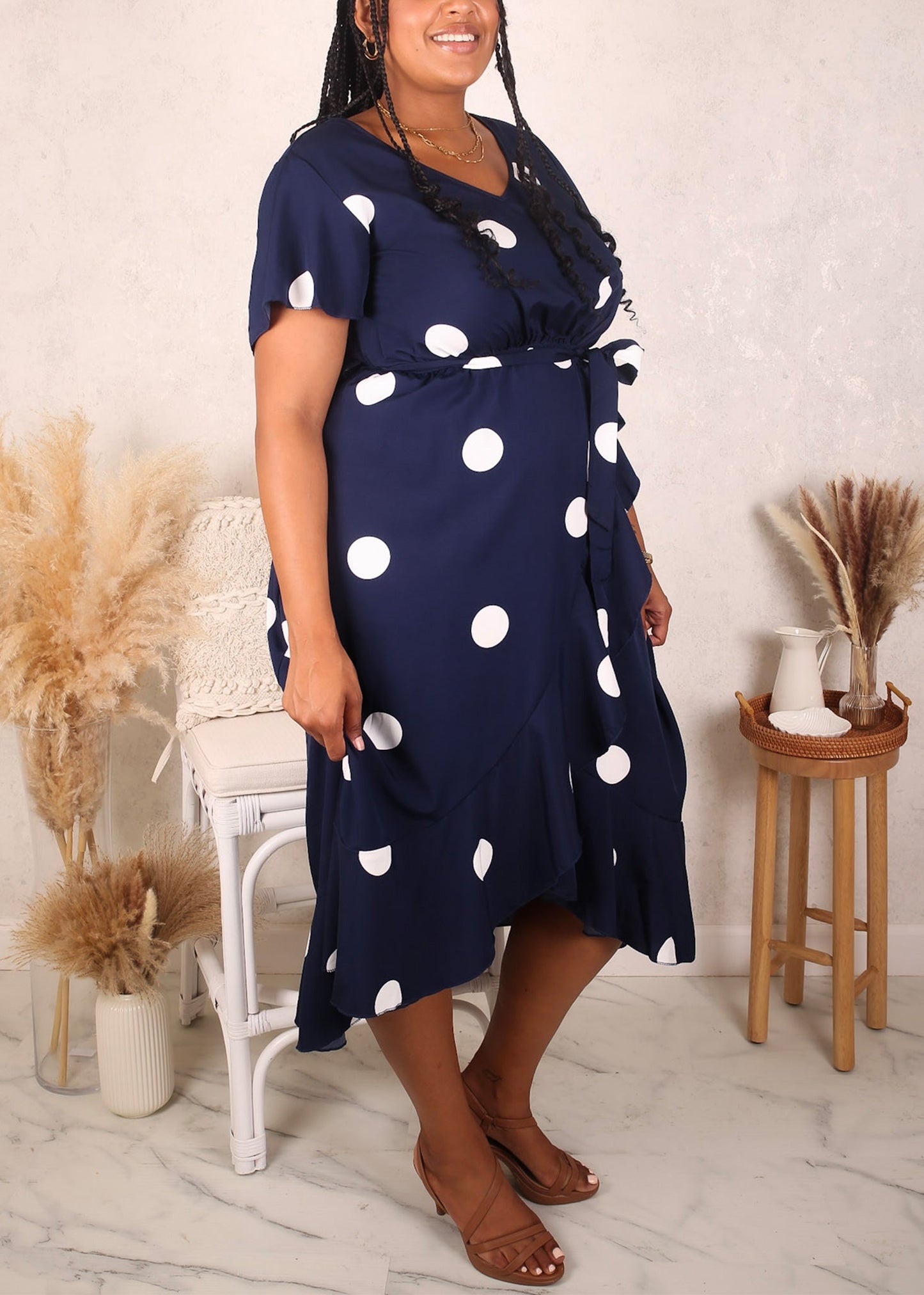 Plus Size Overlap Ruffle Hem Dress, Navy