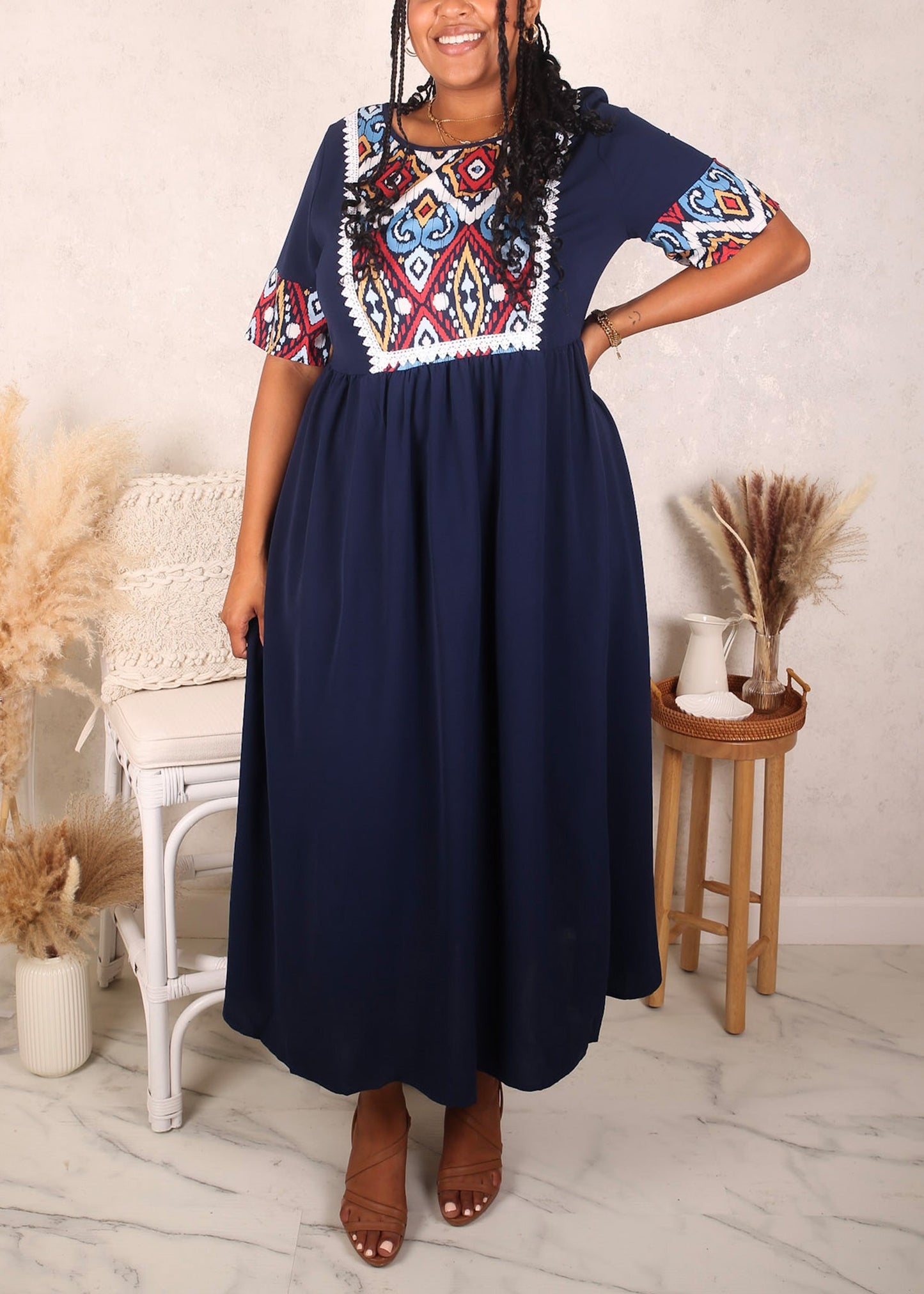Plus Size Multicolor Geometric Pattern Detail Dress, Navy