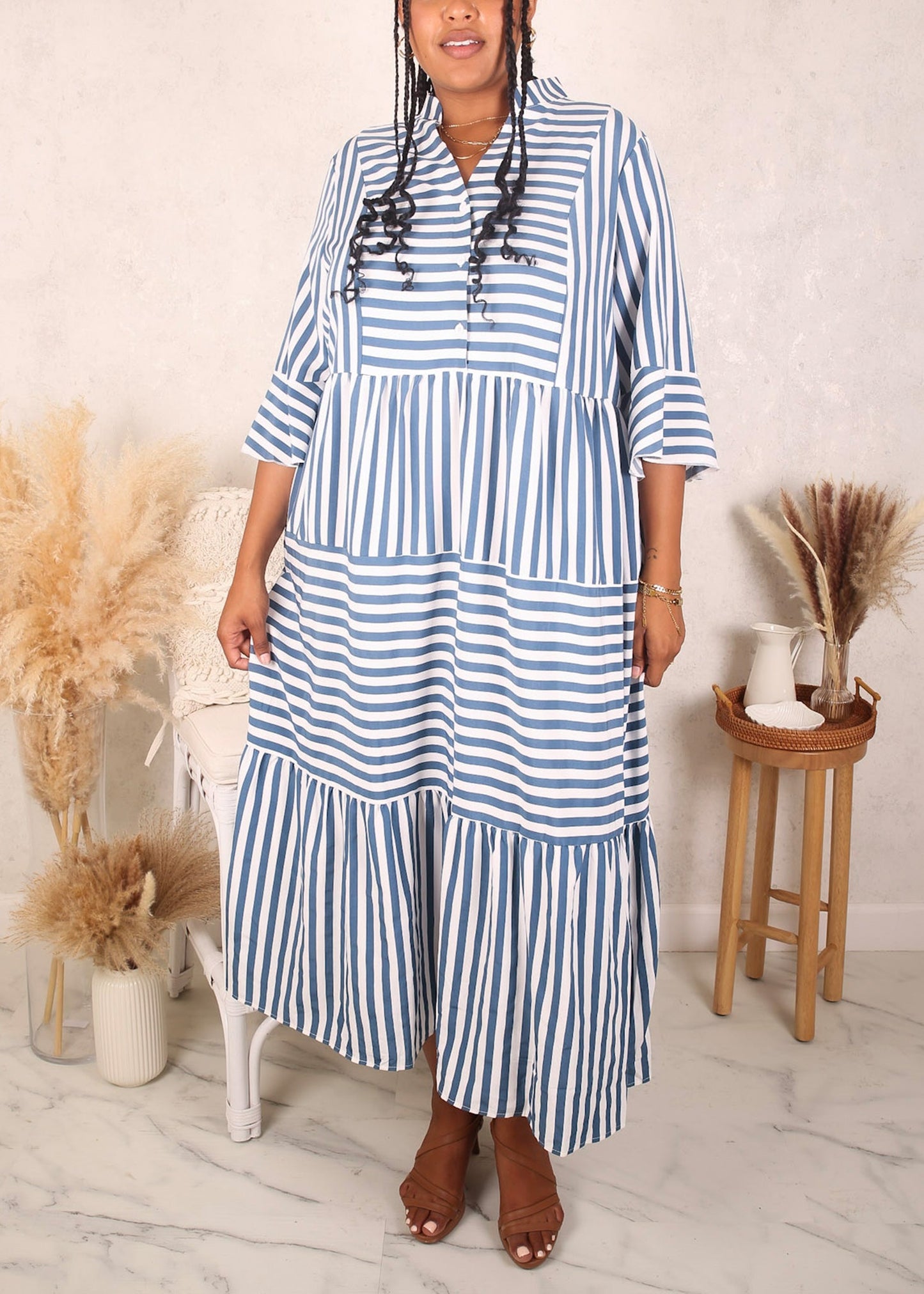 Plus Size Stand Collar Striped Dress, Blue