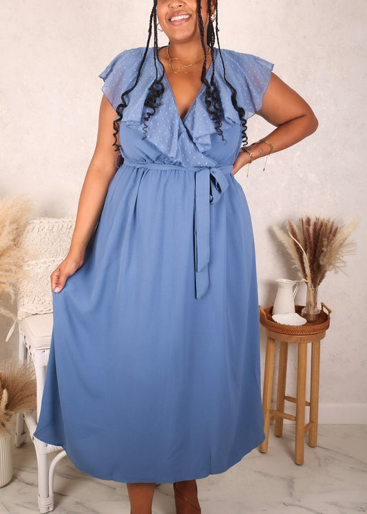 Plus Size Ruffle Swiss Dot Surplice Dress, Blue