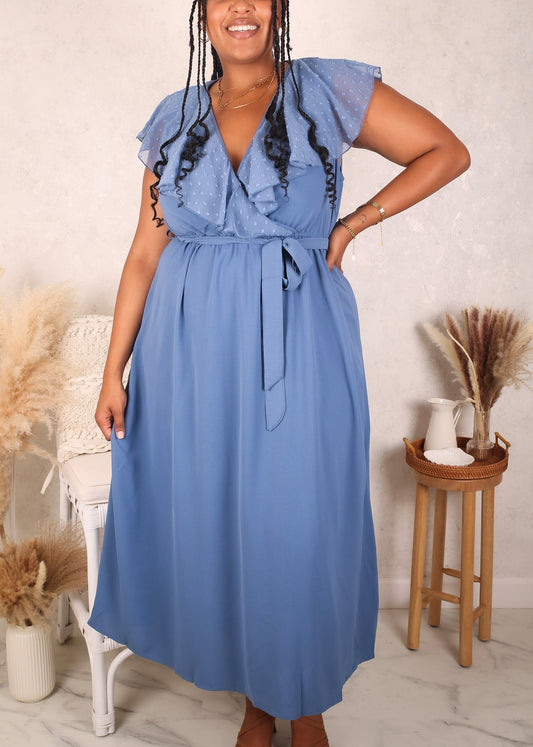 Plus Size Ruffle Swiss Dot Surplice Dress, Blue