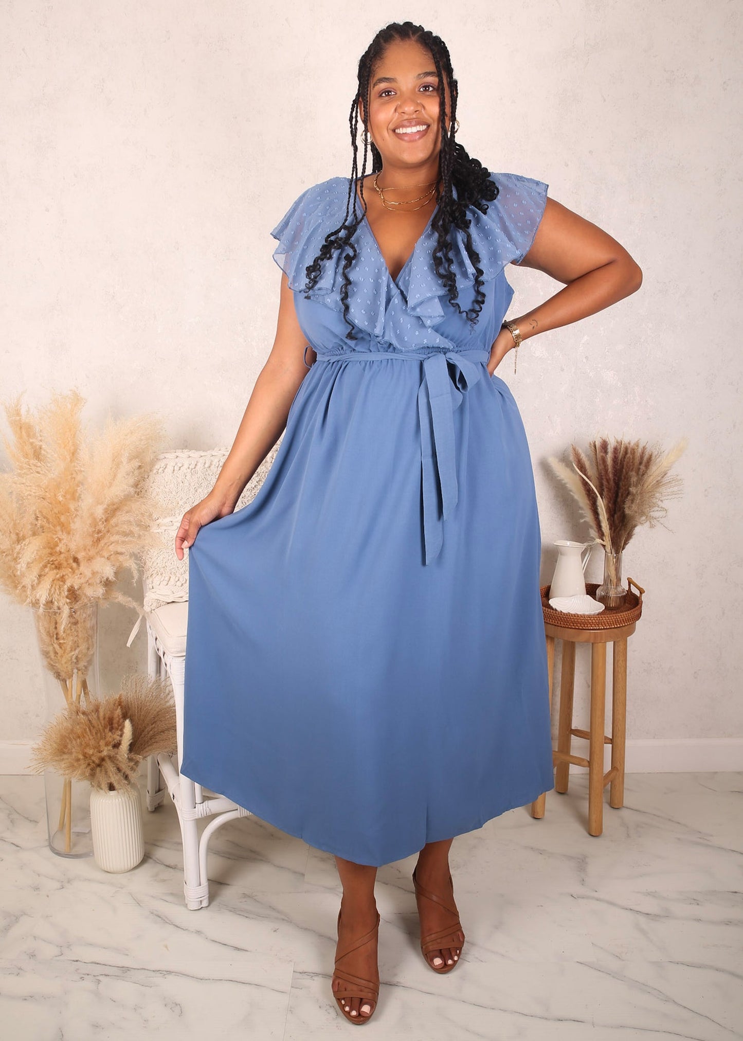 Plus Size Ruffle Swiss Dot Surplice Dress, Blue