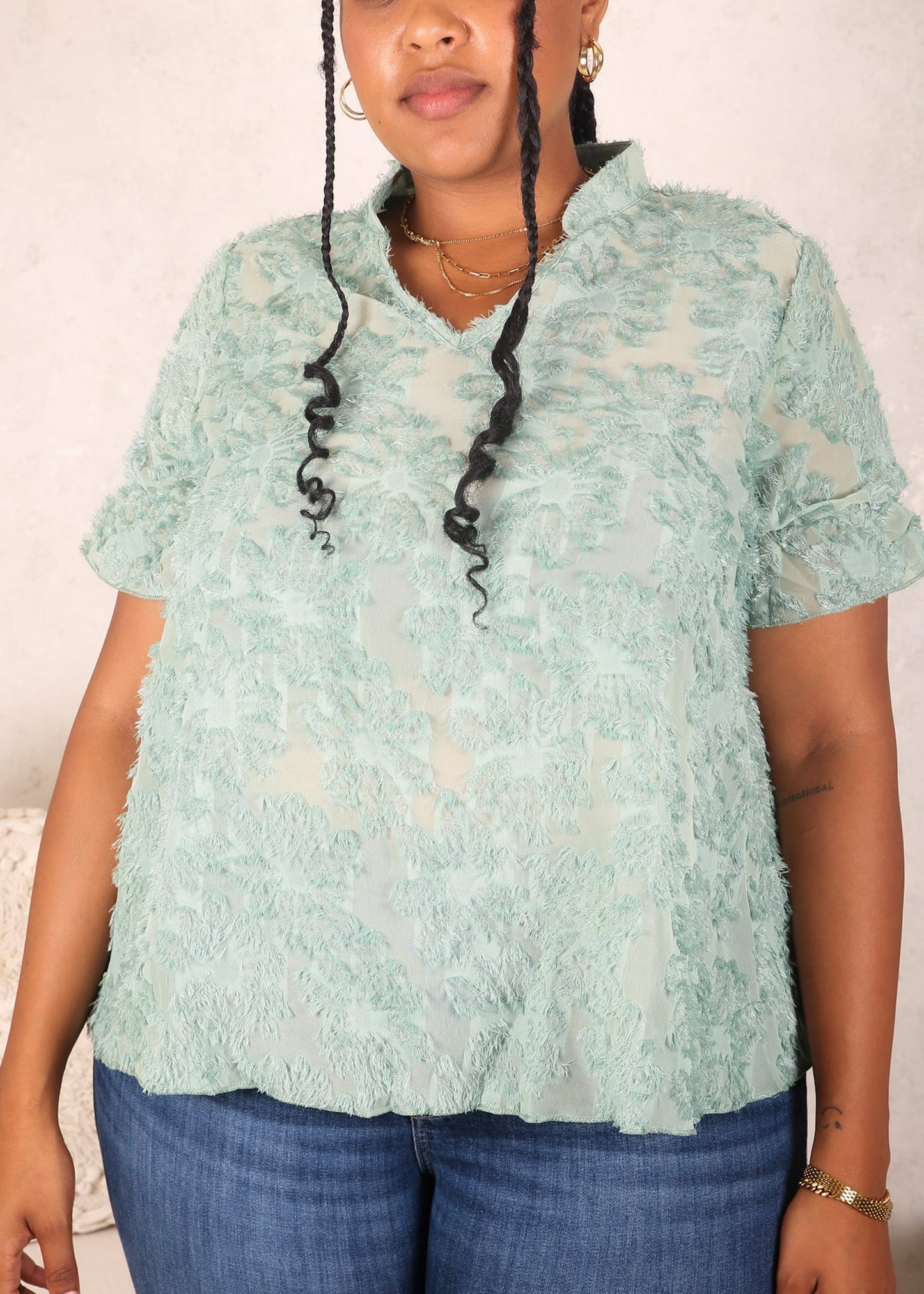 Plus Size Textured Lace Blouse, Green
