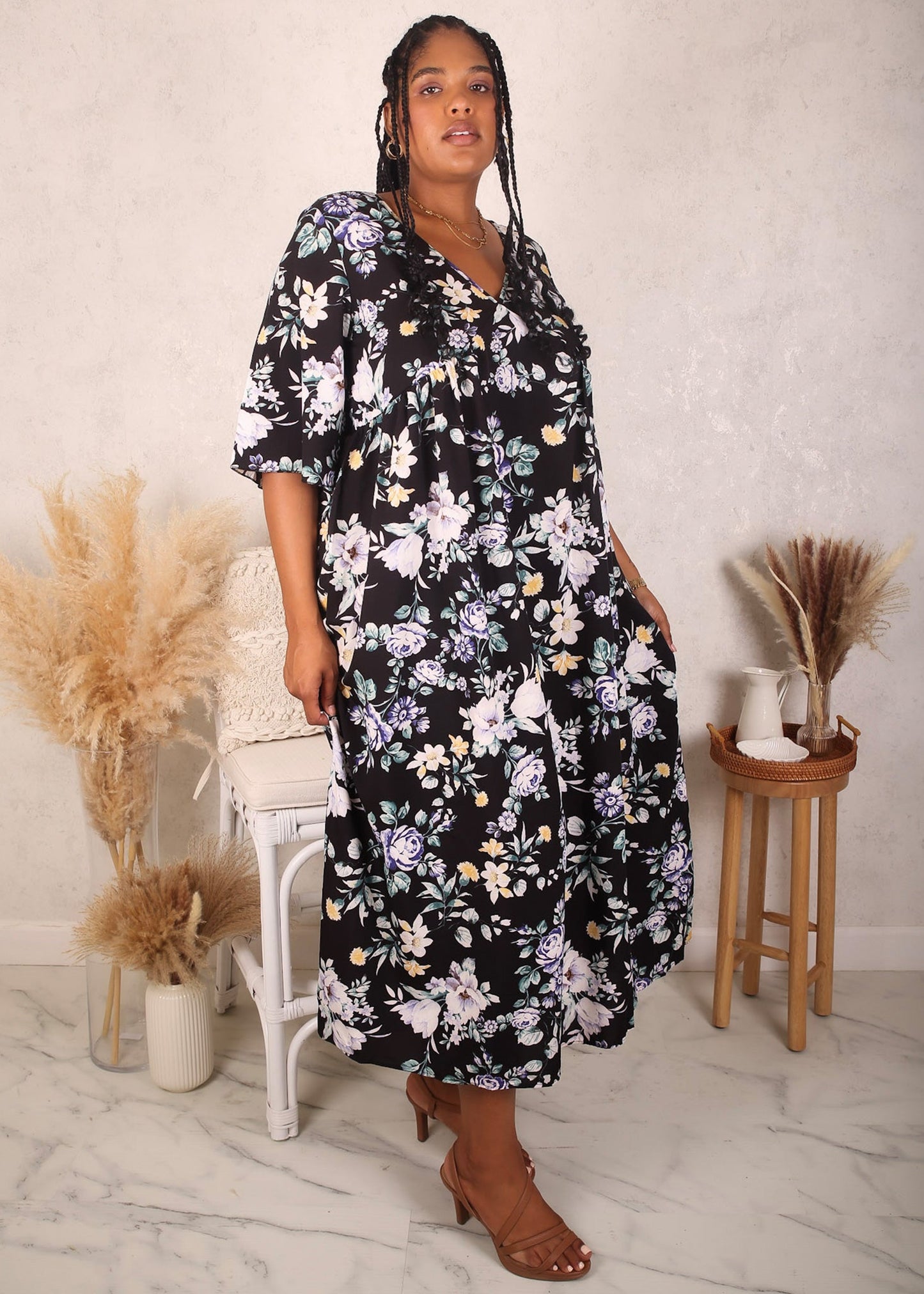 Plus Size Elbow Sleeve Floral Dress, Black