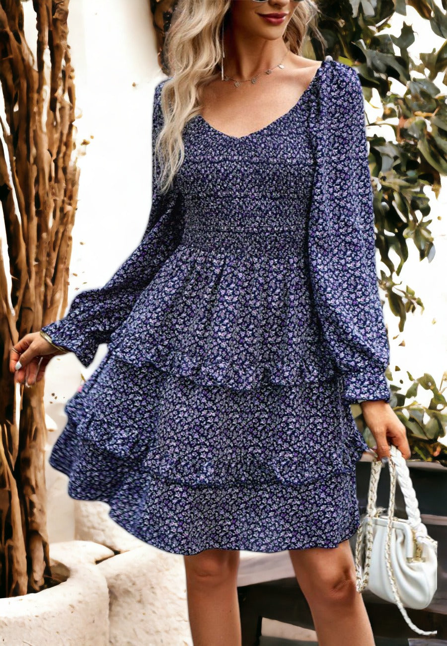 Floral Shirred V Neck Tiered Dress