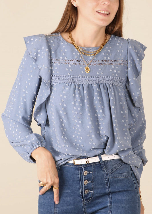 Ruffle Shoulder Crochet Detail Blouse