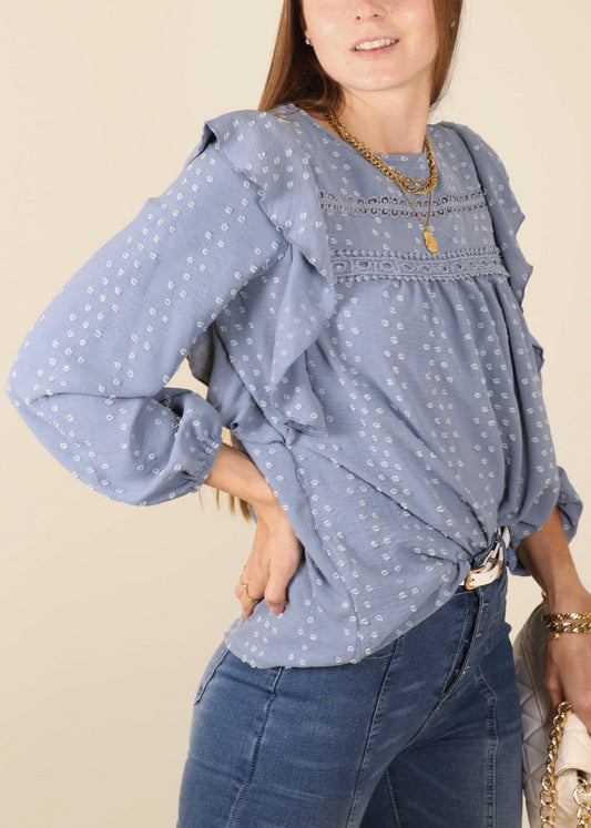 Ruffle Shoulder Crochet Detail Blouse