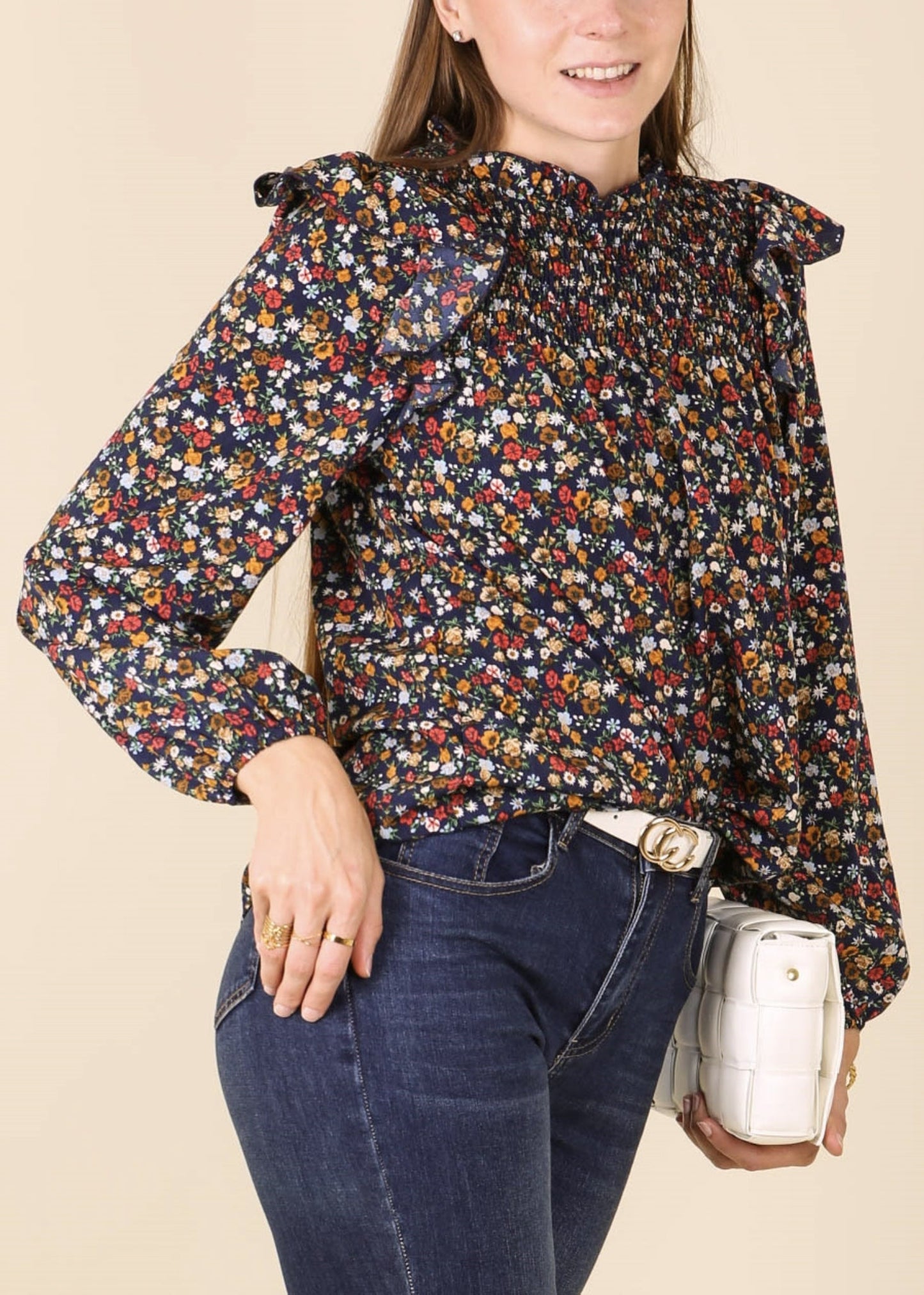 Ruffle Shirred Neck Long Sleeve Blouse