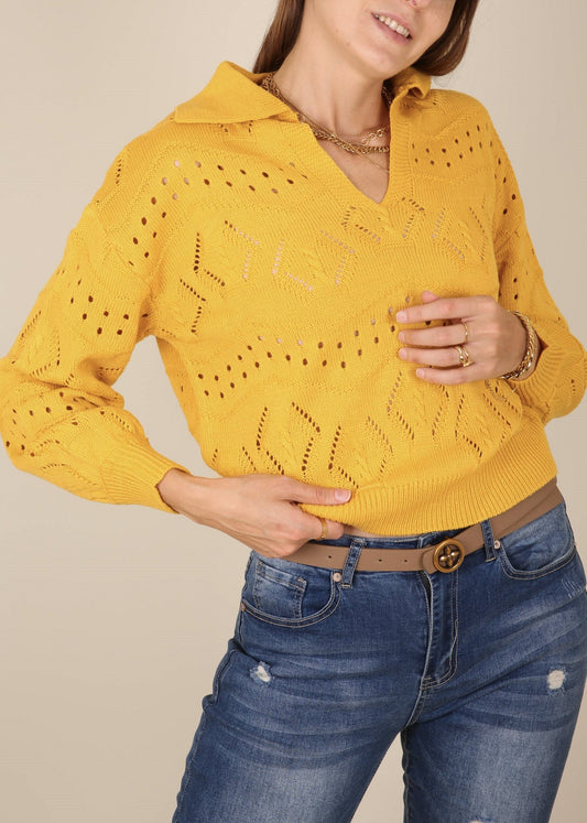 Solid Color Eyelet Knit Sweater
