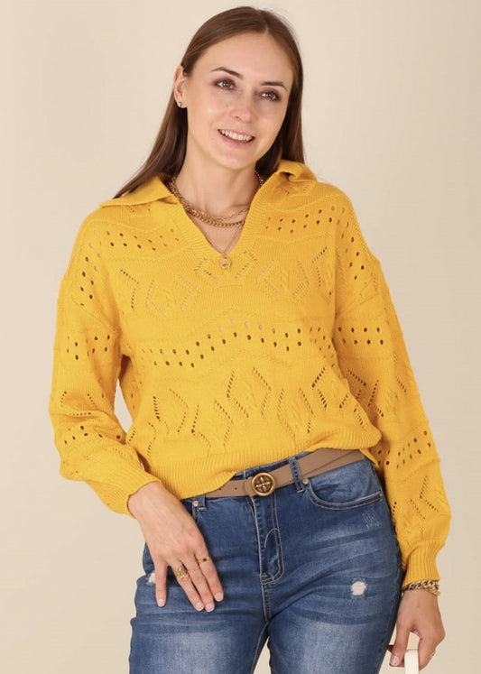 Solid Color Eyelet Knit Sweater
