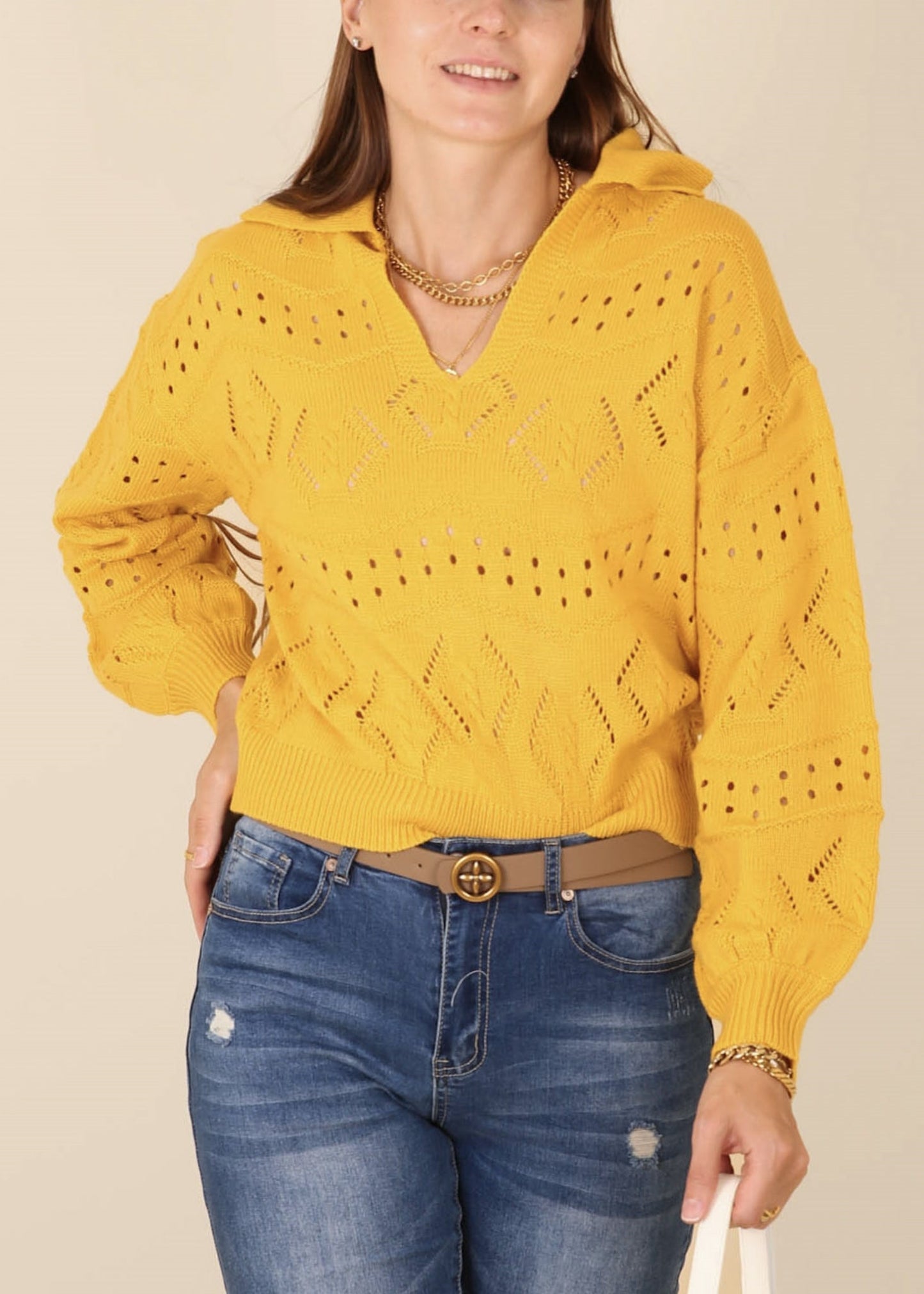 Solid Color Eyelet Knit Sweater