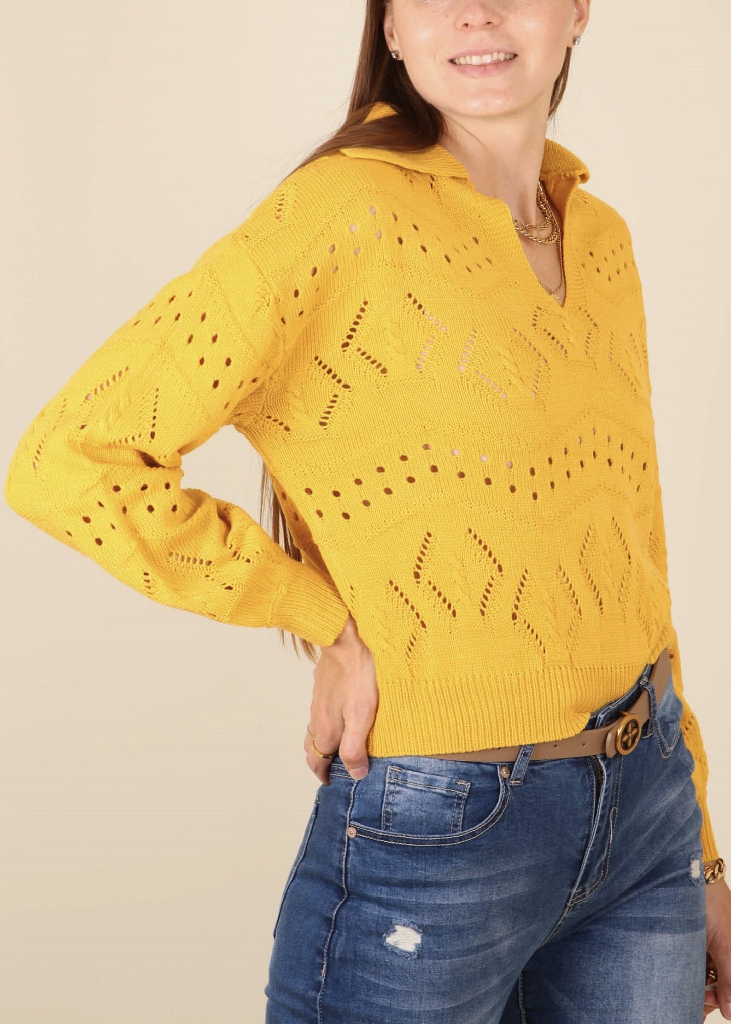 Solid Color Eyelet Knit Sweater