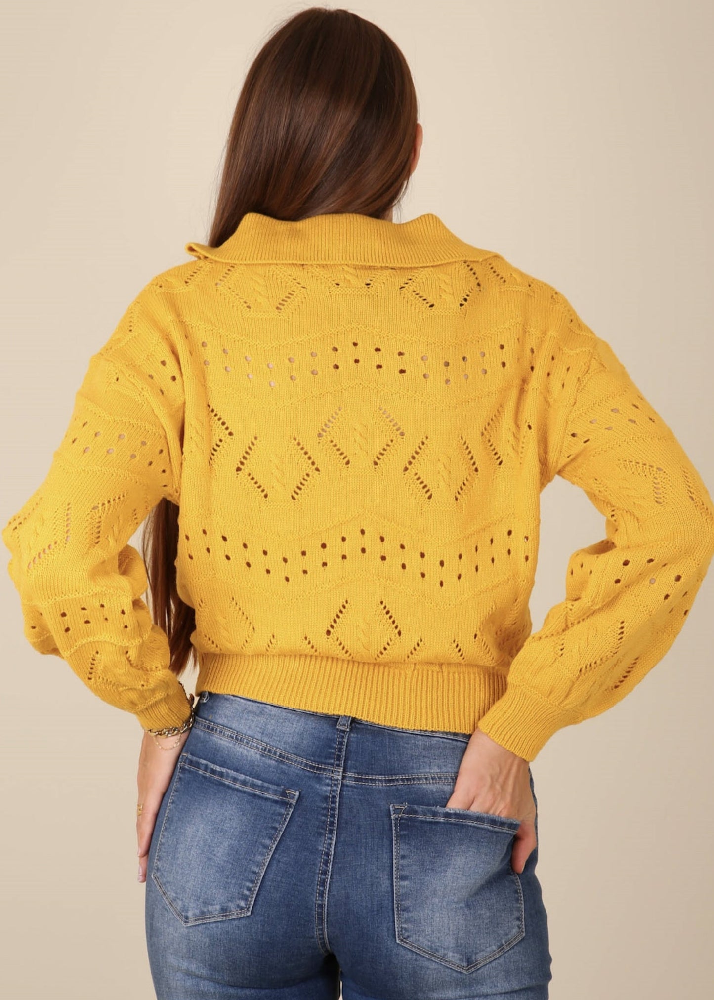 Solid Color Eyelet Knit Sweater