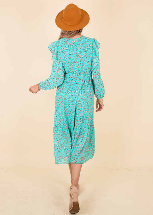 Ruffle Shoulder Long Sleeve Midi Dress