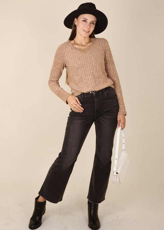 Solid Color Ribbed Knit Sweater