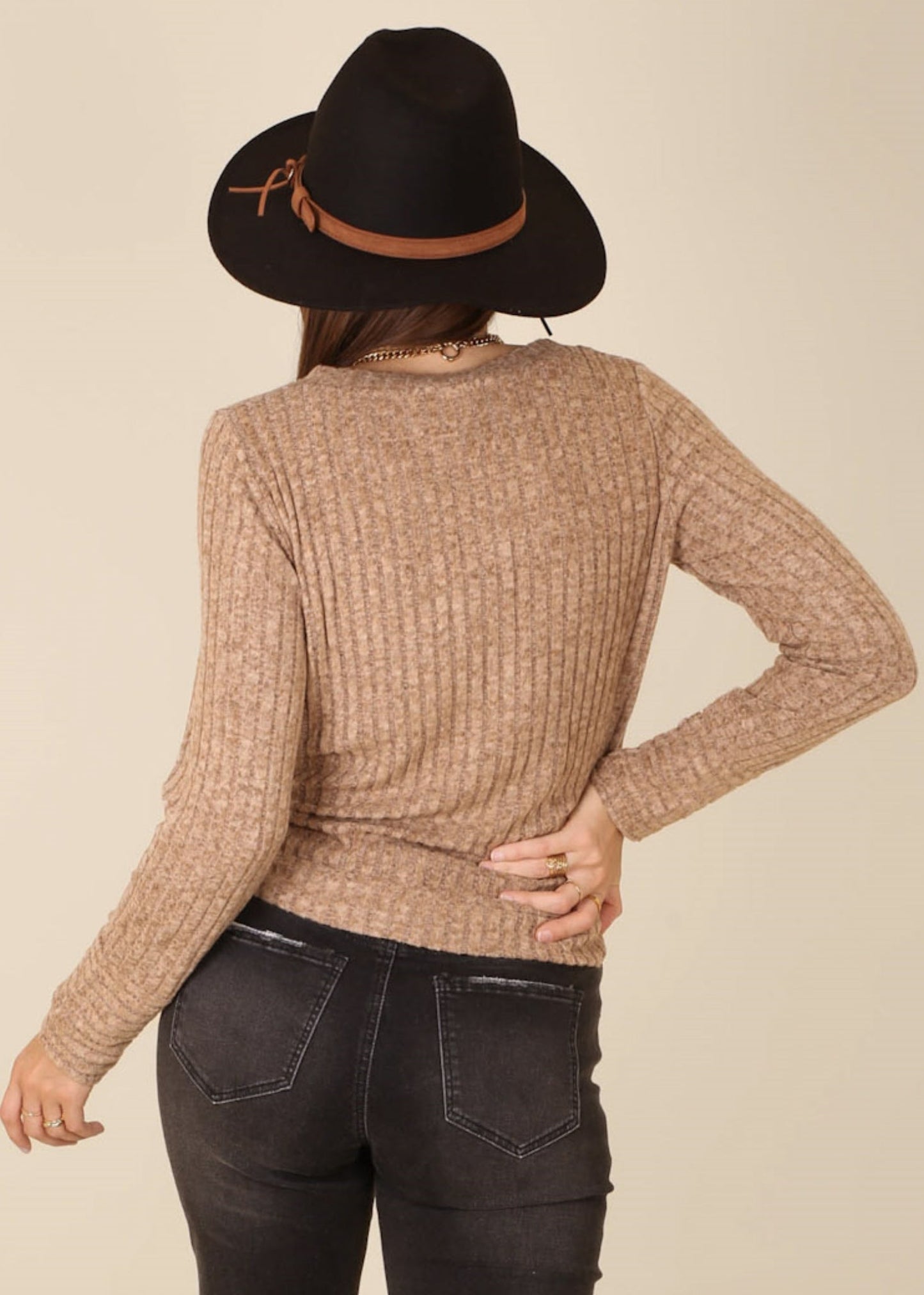 Solid Color Ribbed Knit Sweater