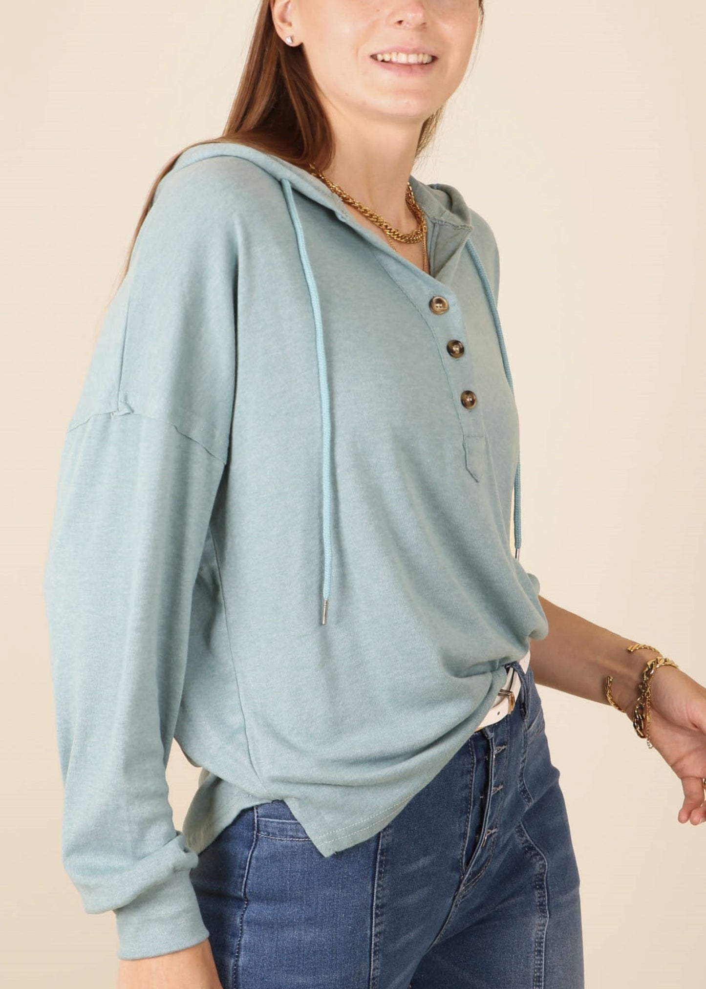 Drop Shoulder Button Front Hooded Sweater