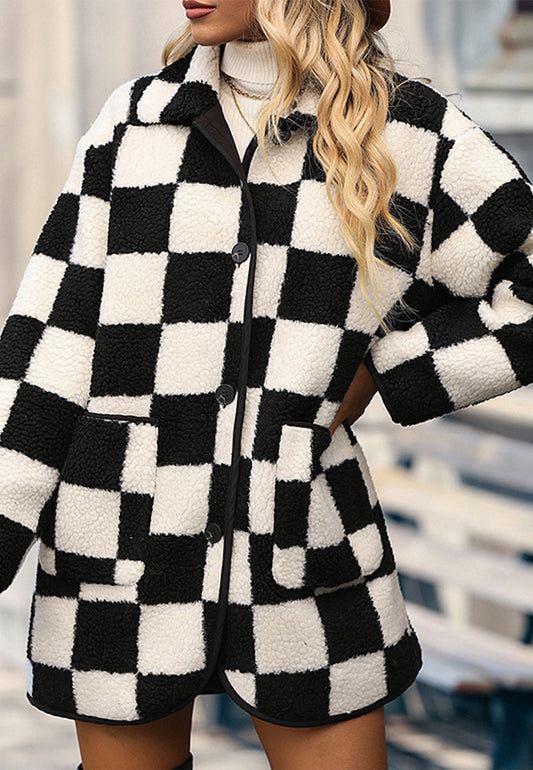 Fuzzy Plaid Pattern Button Down Coat
