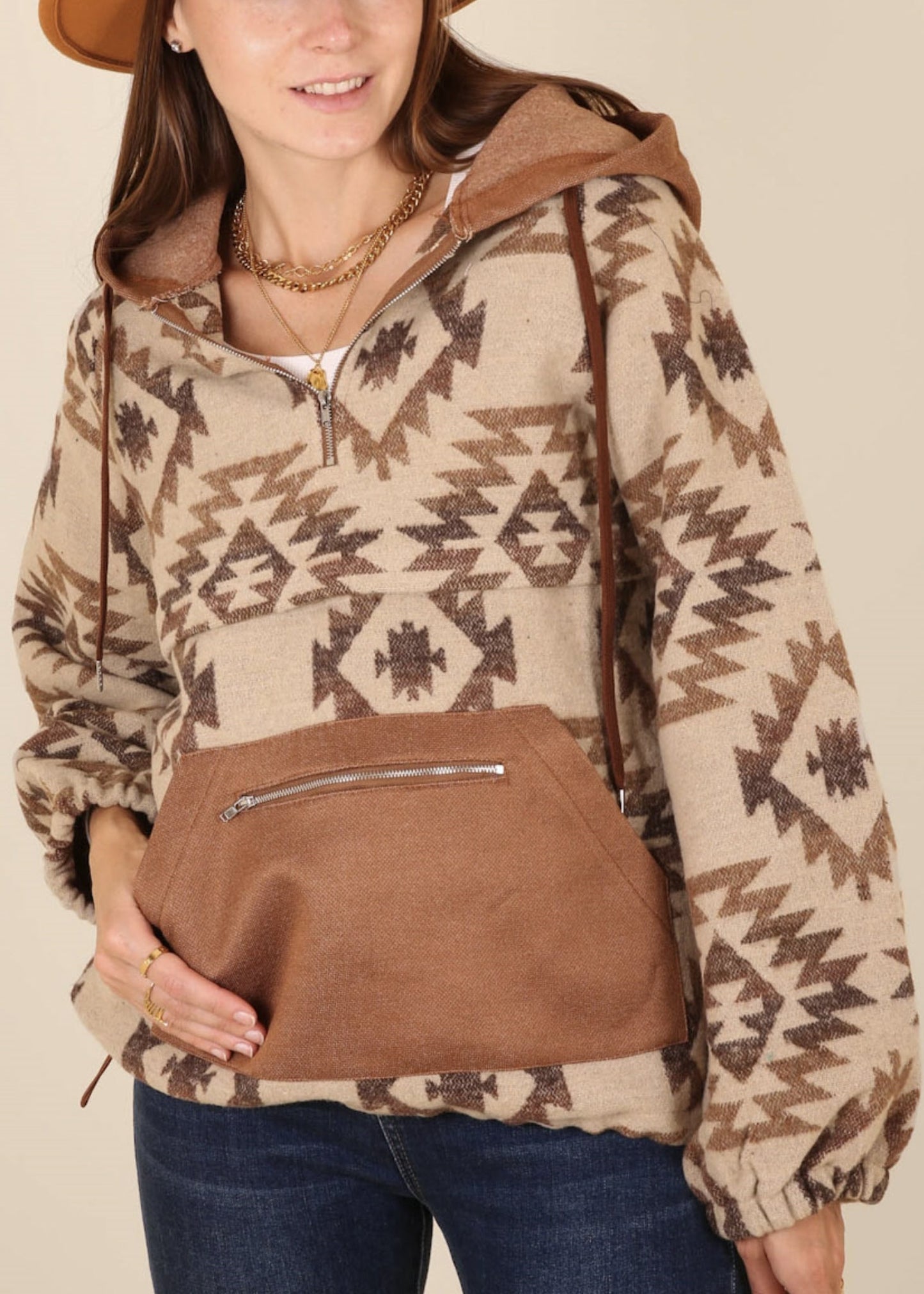Contrast Zipper Detail Kangaroo Pocket Hoodie