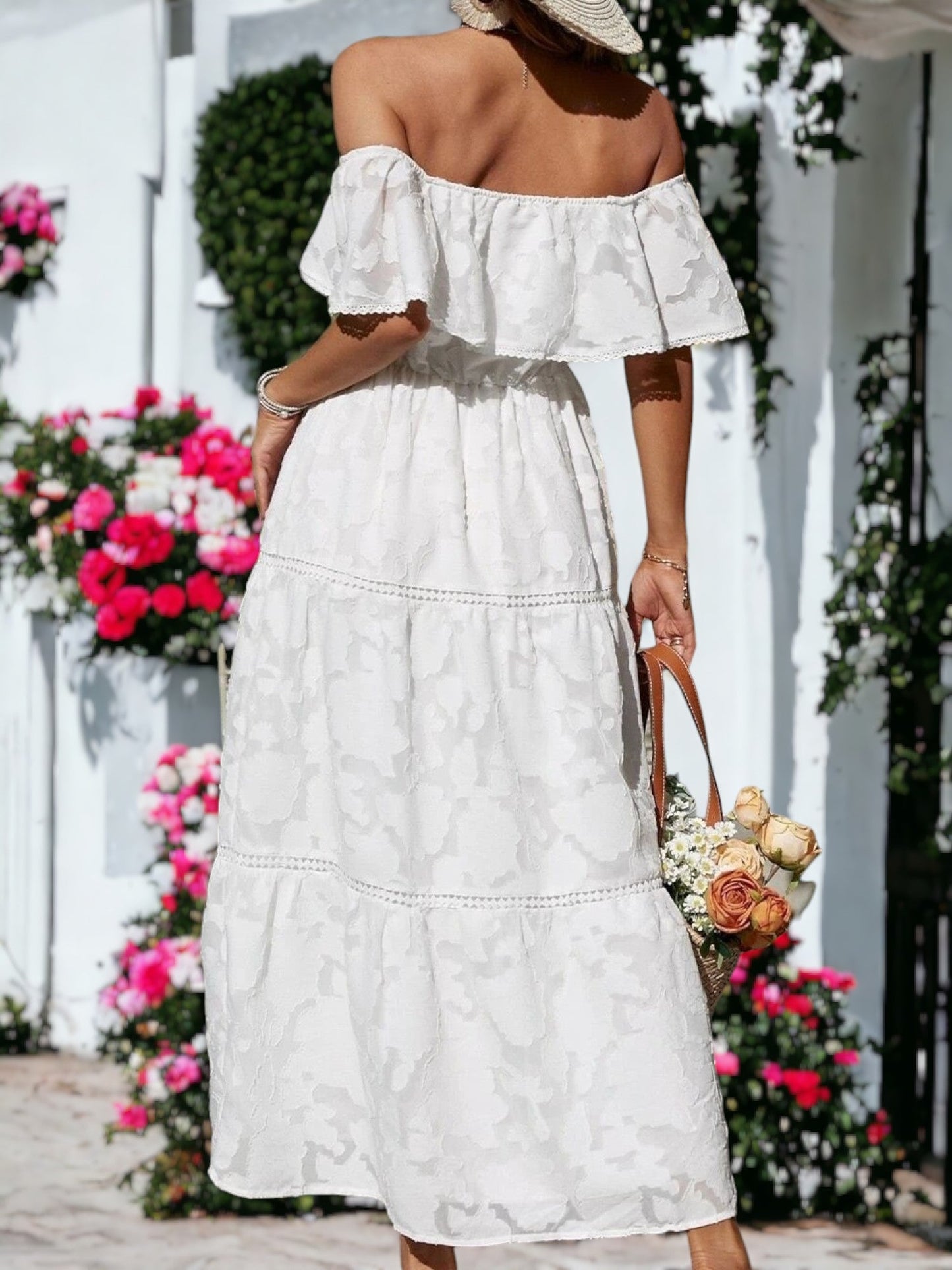 Crochet Trim Off-Shoulder Textured Maxi Ruffle Dress