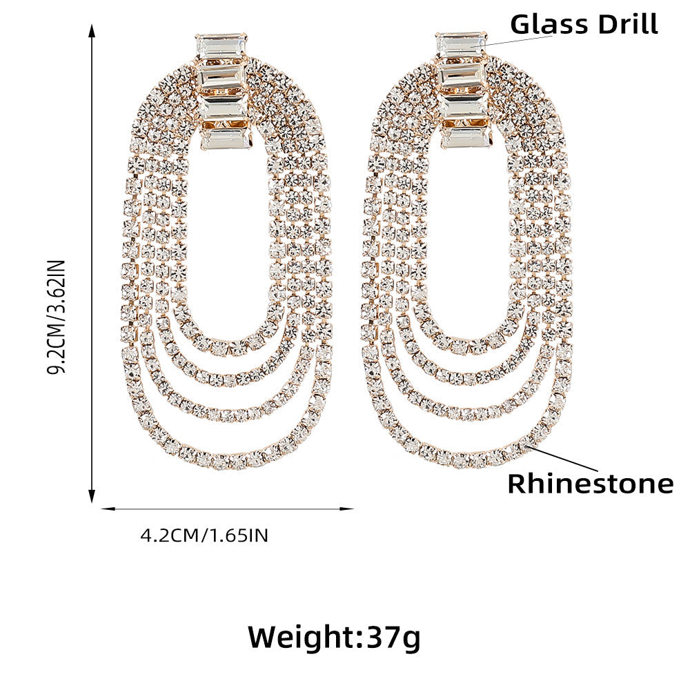 Fancy Crystal Embellished Oval Layered Dangle Earrings