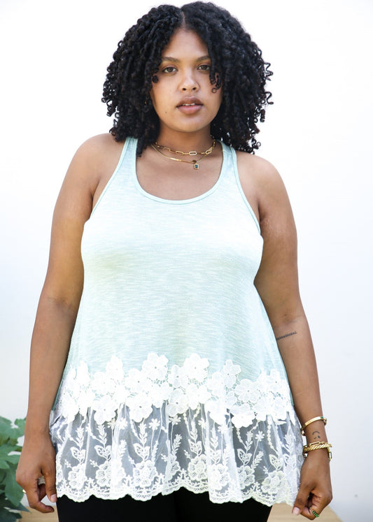 Plus Size Floral Lace Extender Tank Vest Crew Neck Loose Camisole Blouse Tops, Green