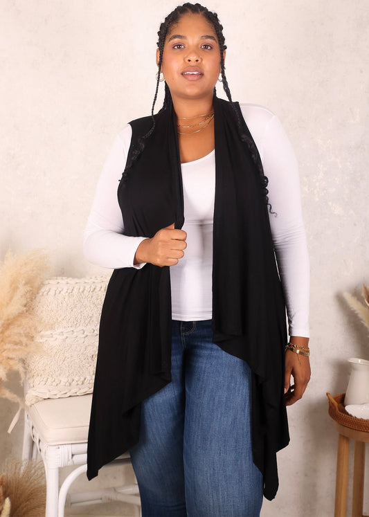 Plus Size Boho Open Front Crochet Cover Up Sleeveless Shawl Cardigan Vest, Solid Black