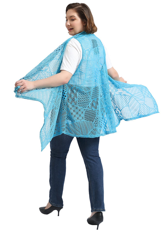 Plus Size Boho Open Front Crochet Cover Up Sleeveless Shawl Cardigan Vest, Blue
