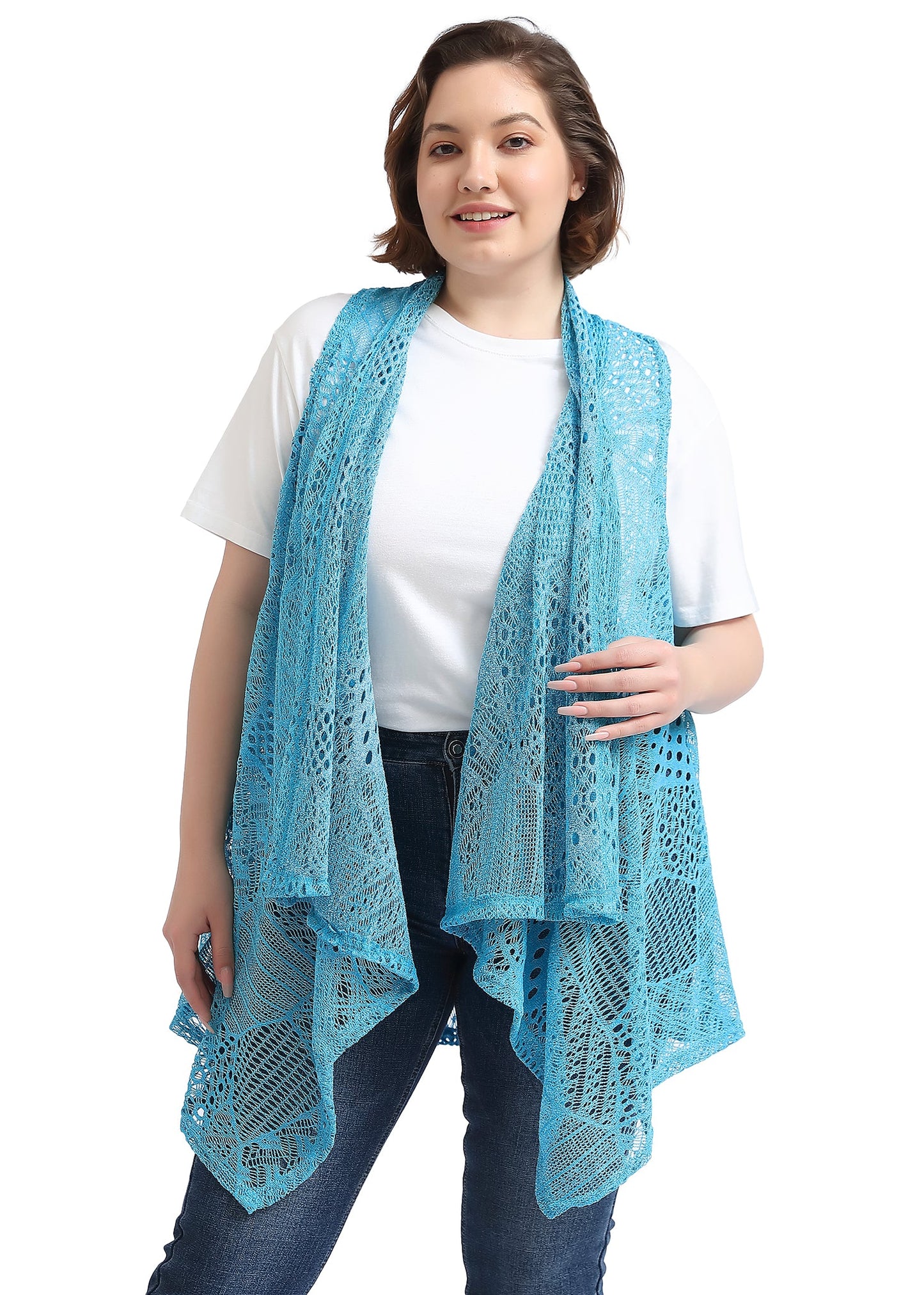 Plus Size Boho Open Front Crochet Cover Up Sleeveless Shawl Cardigan Vest, Blue