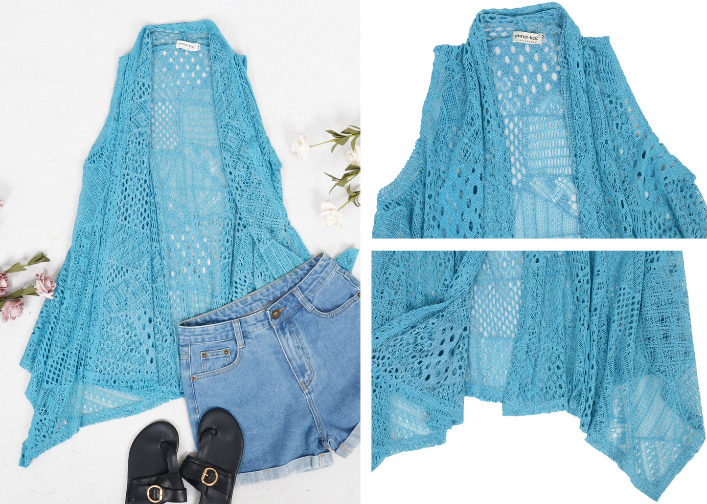 Plus Size Boho Open Front Crochet Cover Up Sleeveless Shawl Cardigan Vest, Blue