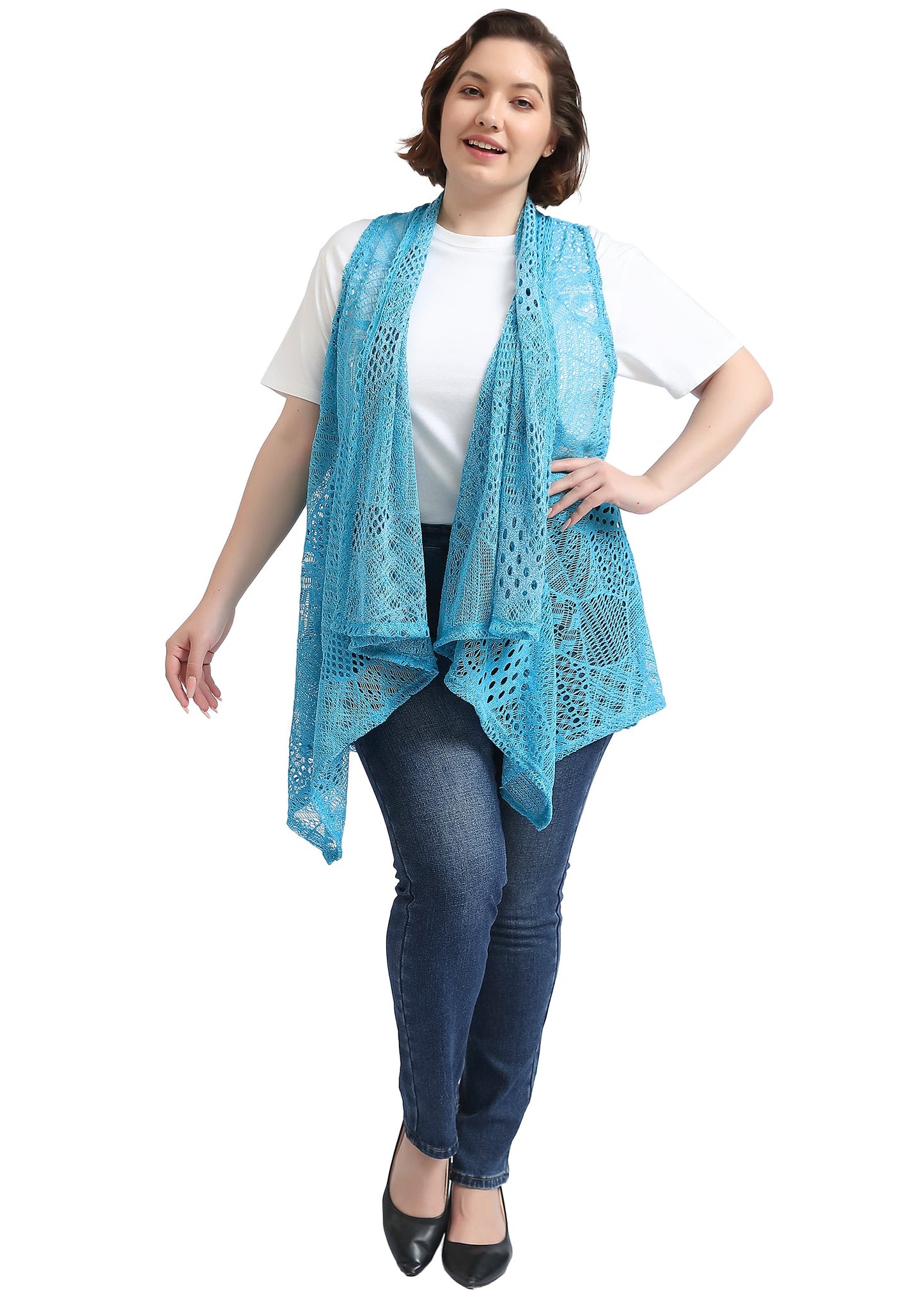 Plus Size Boho Open Front Crochet Cover Up Sleeveless Shawl Cardigan Vest, Blue