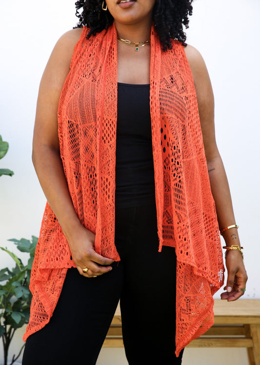 Plus Size Boho Open Front Crochet Cover Up Sleeveless Shawl Cardigan Vest, Orange