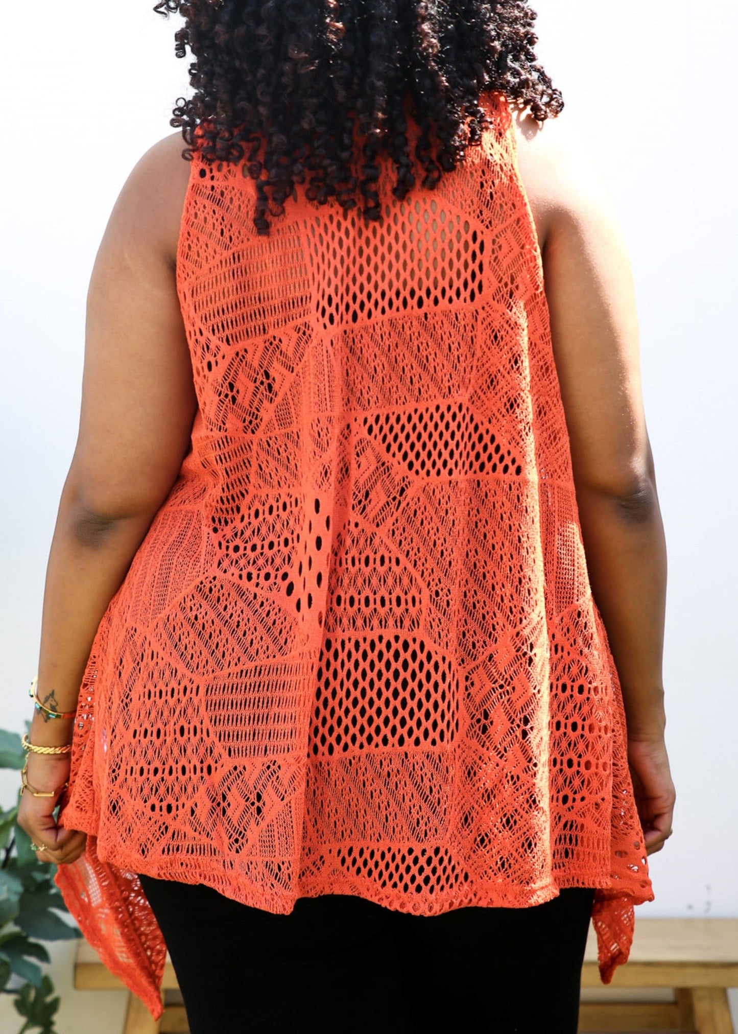 Plus Size Boho Open Front Crochet Cover Up Sleeveless Shawl Cardigan Vest, Orange