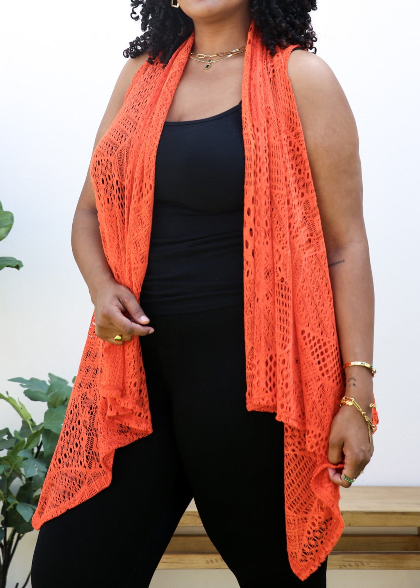 Plus Size Boho Open Front Crochet Cover Up Sleeveless Shawl Cardigan Vest, Orange