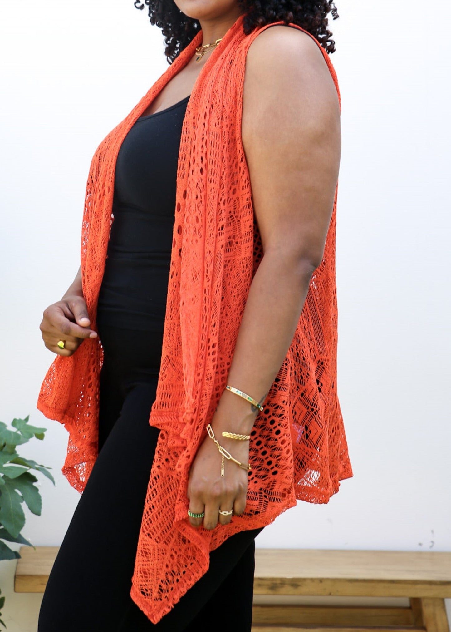 Plus Size Boho Open Front Crochet Cover Up Sleeveless Shawl Cardigan Vest, Orange