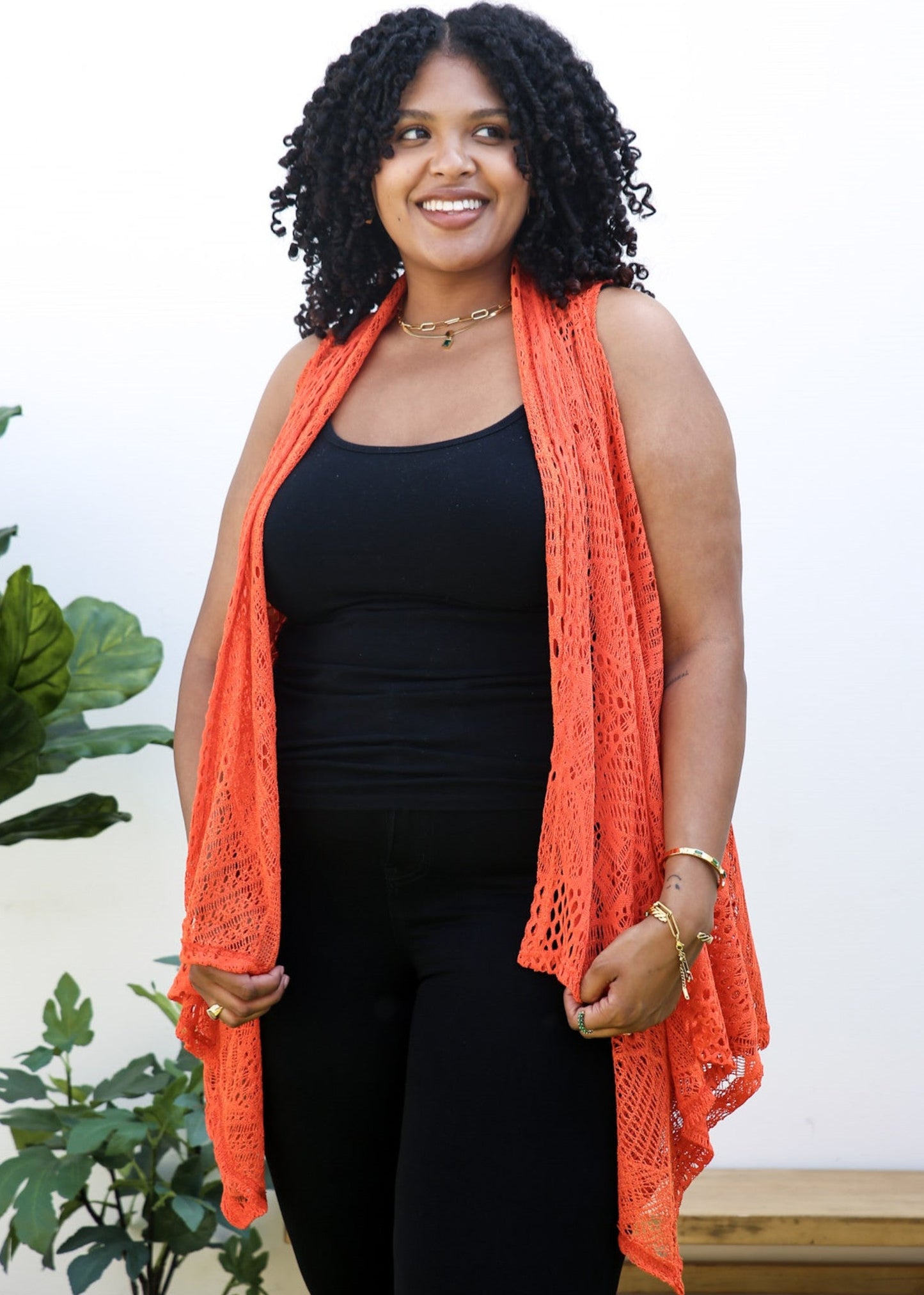 Plus Size Boho Open Front Crochet Cover Up Sleeveless Shawl Cardigan Vest, Orange