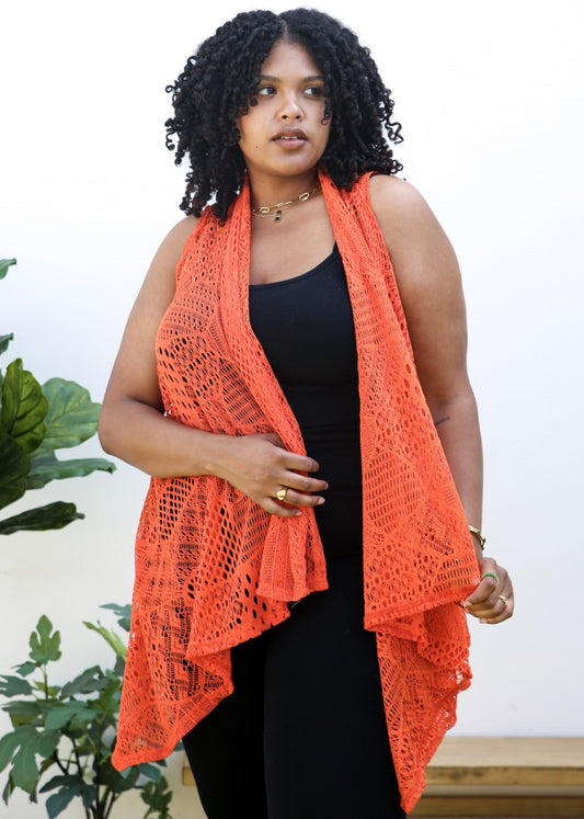 Plus Size Boho Open Front Crochet Cover Up Sleeveless Shawl Cardigan Vest, Orange