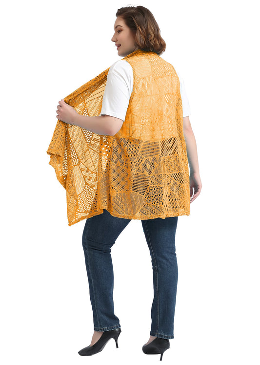 Plus Size Boho Open Front Crochet Cover Up Sleeveless Shawl Cardigan Vest, Yellow