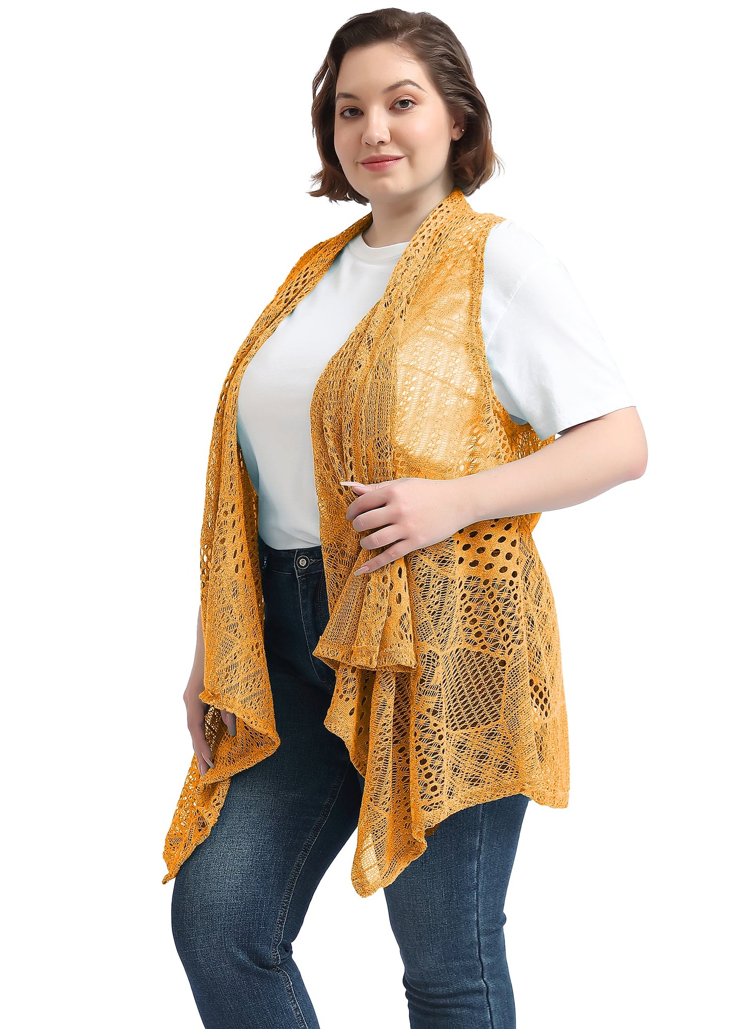 Plus Size Boho Open Front Crochet Cover Up Sleeveless Shawl Cardigan Vest, Yellow