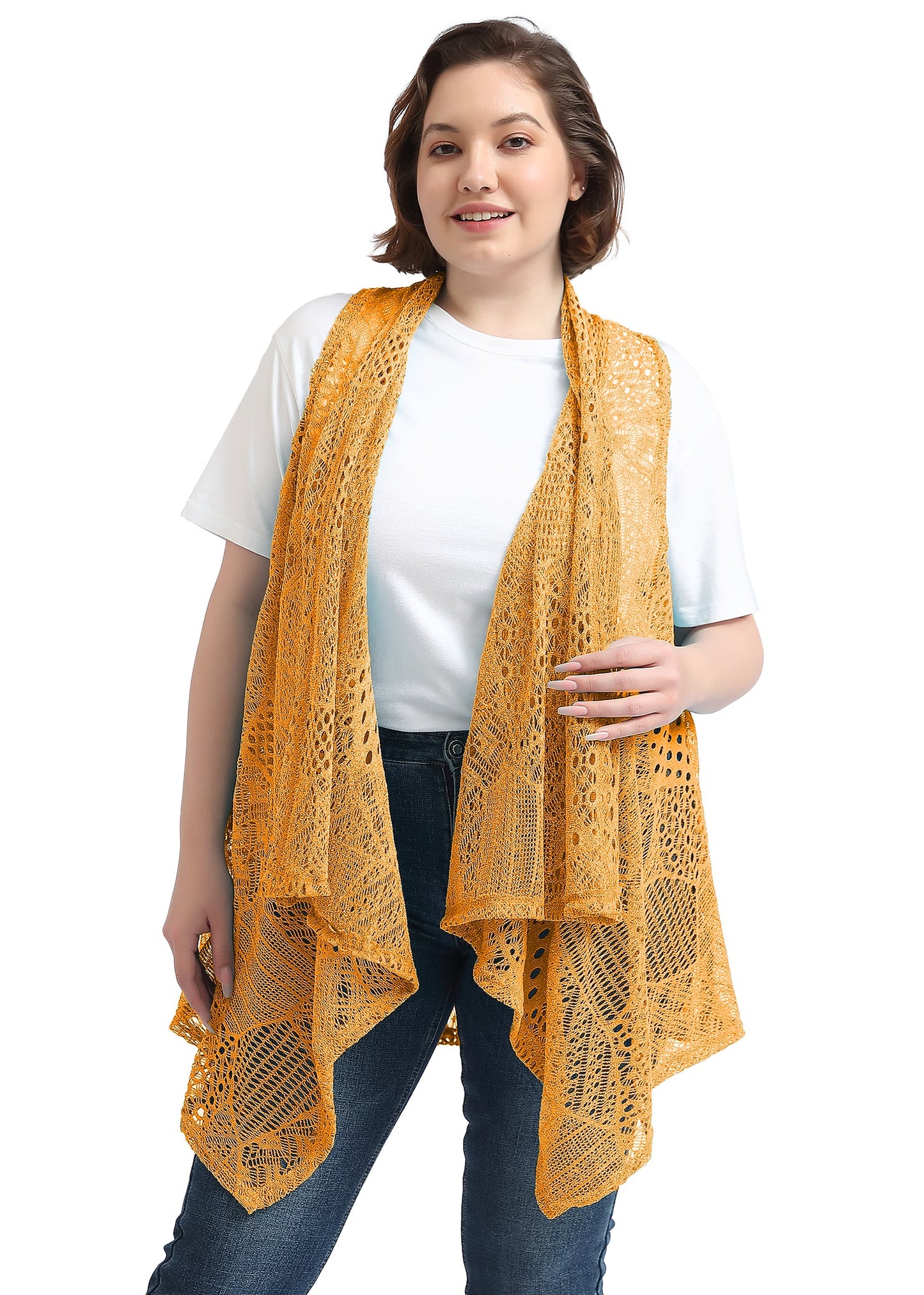 Plus Size Boho Open Front Crochet Cover Up Sleeveless Shawl Cardigan Vest, Yellow