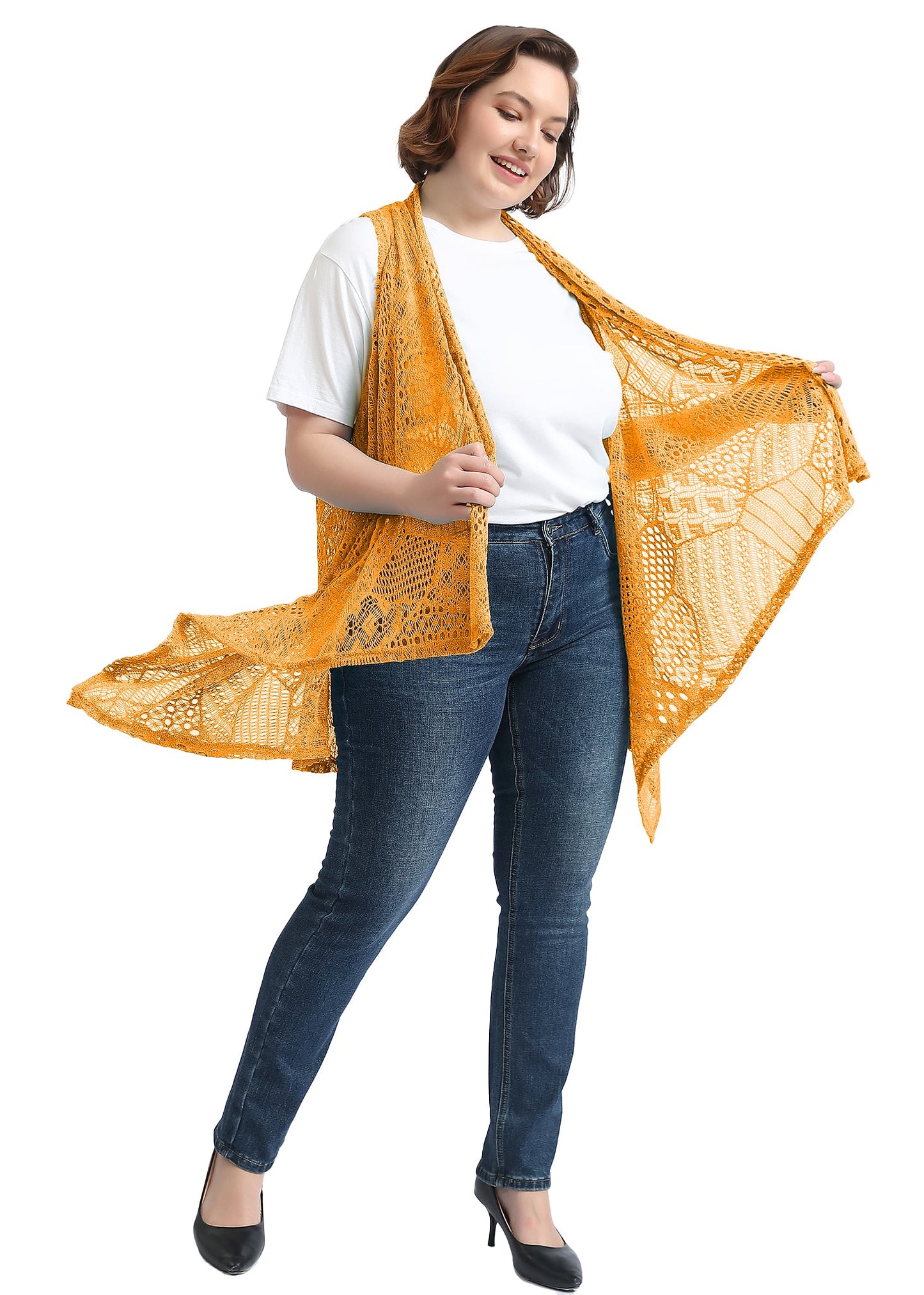 Plus Size Boho Open Front Crochet Cover Up Sleeveless Shawl Cardigan Vest, Yellow